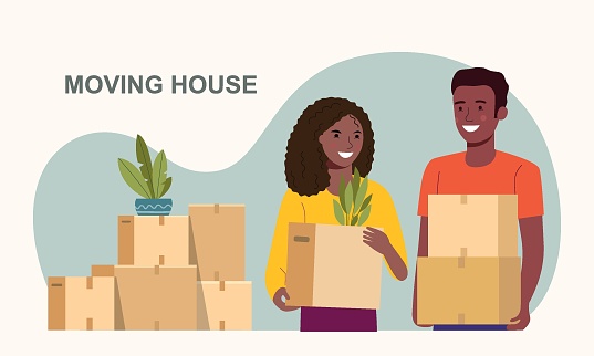 Afro American man and woman hold boxes. Moving house.  Vector flat style illustration