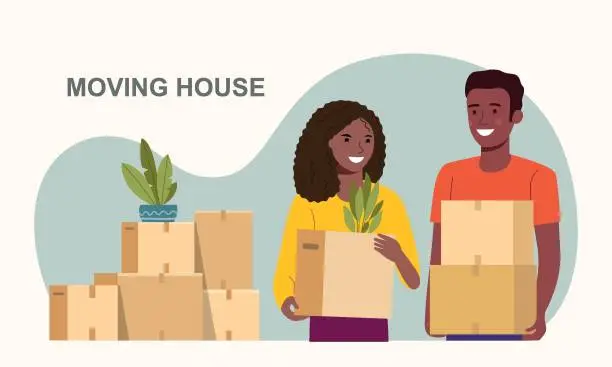 Vector illustration of Afro American man and woman hold boxes. Moving house.  Vector flat style illustration