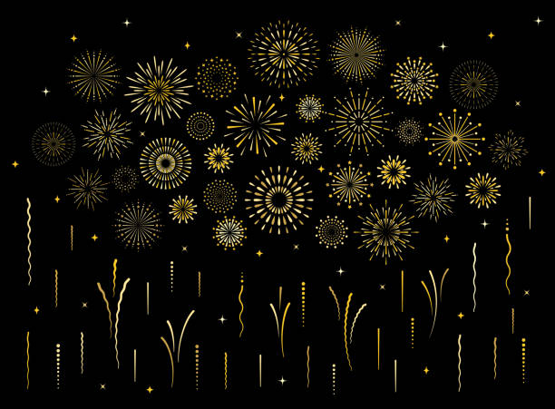 Abstract art deco burst gold pattern fireworks set Abstract burst gold pattern fireworks set. Art deco star shaped firework pattern collection isolated on black background with rays and trails. Birthday party or carnival festive decoration, fireworks stock illustrations