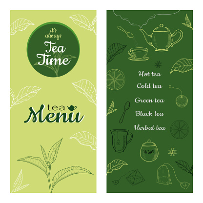 Set of tea vintage banners. Hand drawn sketch illustrations. Menu design backgrounds. Restaurant tea menu, template design. Food flyer.