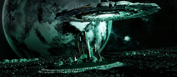 istock Spaceship over a  city 1254823698
