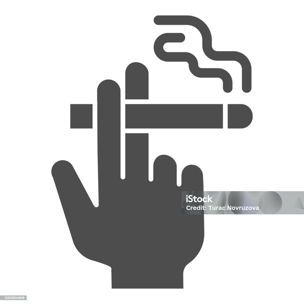 タバコの固体アイコン、喫煙の概念、白い背景にタバコの看板を持つ手、モバイルコンセプトとウェブデザインのためのグリフスタイルの喫煙者の手のアイコンを持つ手。ベクターグラフィ� - アイコンのロイヤリティフリーベクトルアート