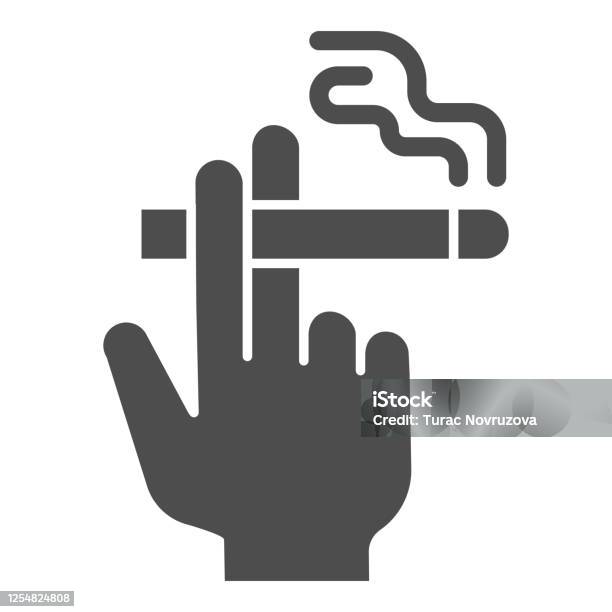タバコの固体アイコン喫煙の概念白い背景にタバコの看板を持つ手モバイルコンセプトとウェブデザインのためのグリフスタイルの喫煙者の手のアイコンを持つ手ベクターグラフィ - アイコンのベクターアート素材や画像を多数ご用意