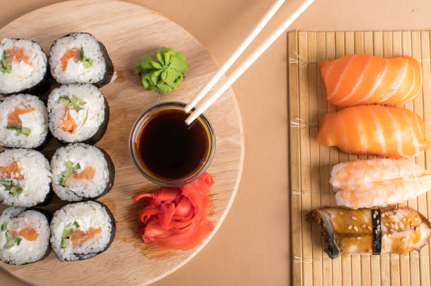 istock Composition with delicious nigiri sushi and rolls 1254825451