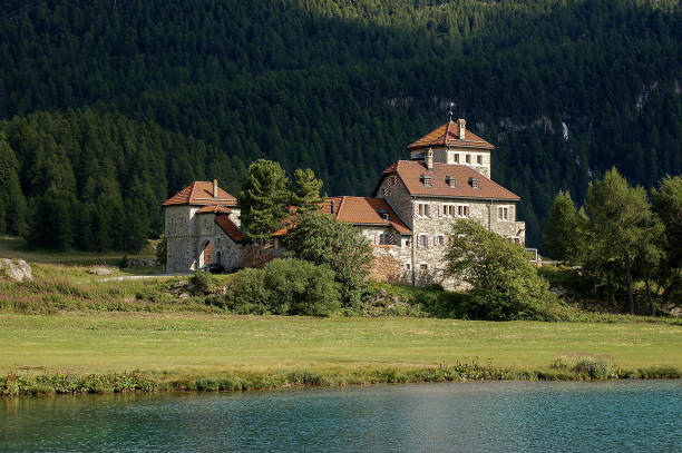 ancient castle crap da sass - silvaplana village in switzerland - castle engadine alps lake water imagens e fotografias de stock