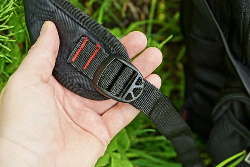 black harness strap made of fabric with a plastic carabiner in hand on a background of green grass in nature