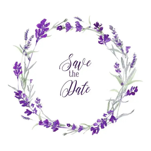 Vector illustration of Vector watercolor lavender delicate floral wreath on white background with message Save the date. Blue flowers and green leaves.. Invitation card design.