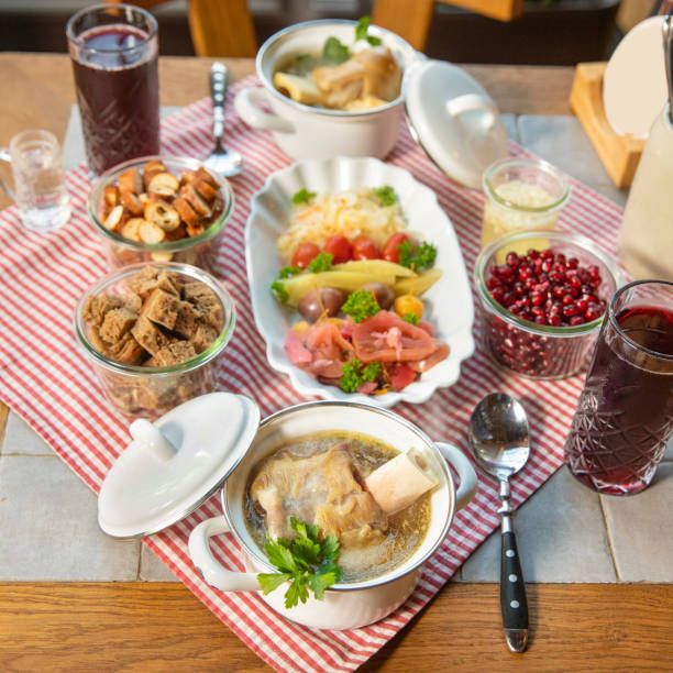istock Pomegranate juice with vodka meat meals and snacks, top view 1254829269