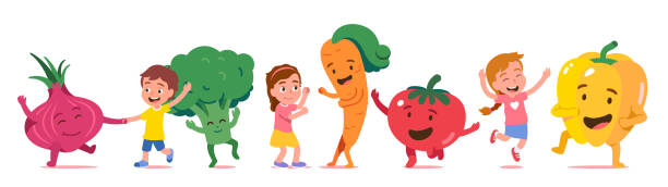 wesoły chłopiec, dziewczyna dzieci & animowane warzywa postaci z kreskówek tańczą razem. happy children & fresh organic vegetable having fun. zdrowe jedzenie śmieszne pojęcie płaskie ilustracji wektora - skoczcie cebula stock illustrations