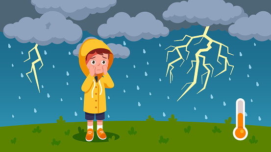 Boy Kid Scared Of Thunder Lightning Walking Outdoors On Rainy Thunderstorm  Day With Dark Clouds Worried Child Wearing Raincoat Summer Season Weather  Temperature Flat Vector Illustration Stock Illustration - Download Image  Now -