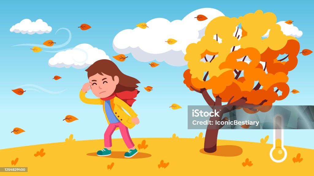 Girl Kid Struggle Walking Against Wind Near Bending Tree With Yellow Leaves  Windy Autumn Day Thermometer Showing Fall Season Weather Temperature Flat  Vector Person Character Illustration Stock Illustration - Download Image  Now -