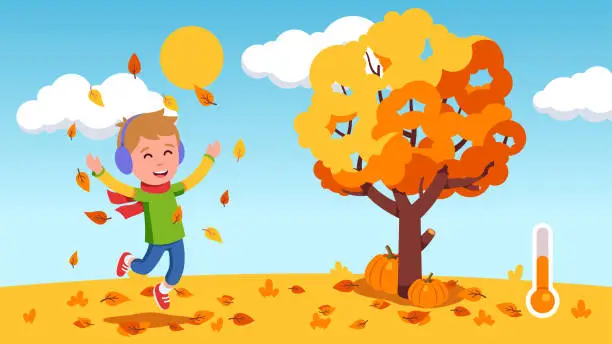 Vector illustration of Laughing boy kid jumping & throwing yellow & orange leaves up in air near tree with gold autumn foliage on sunny day. Happy child walking. Fall season warm weather temperature. Flat vector illustration