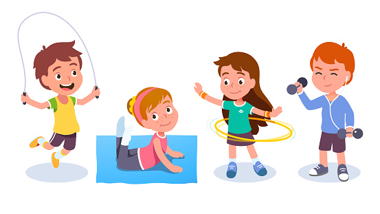 Fit boys & girls kids training & doing sport exercises. Smiling children skipping rope, spinning hula hoop, raising dumbbells & doing gymnastics. Fitness & wellness. Flat vector character illustration