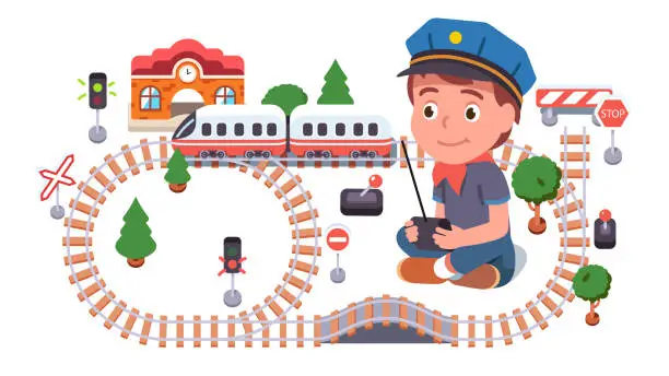 Vector illustration of Boy kid playing with toy railway road, rc controlled train locomotive and carriage, sitting on floor, wearing train driver uniform. Child enjoying game. Flat vector character illustration