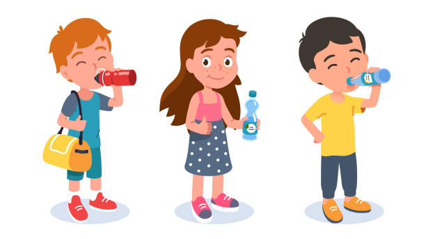 Preschooler girl & boys standing, holding bottles & enjoying drinking beverages. Thirsty kids with soda & water soft drinks showing thumbs up. Children cartoon characters set. Flat vector illustration Preschooler girl & boys standing, holding bottles & enjoying drinking beverages. Thirsty kids with soda & water soft drinks showing thumbs up. Children cartoon characters set. Flat style vector isolated illustration thirst quenching stock illustrations