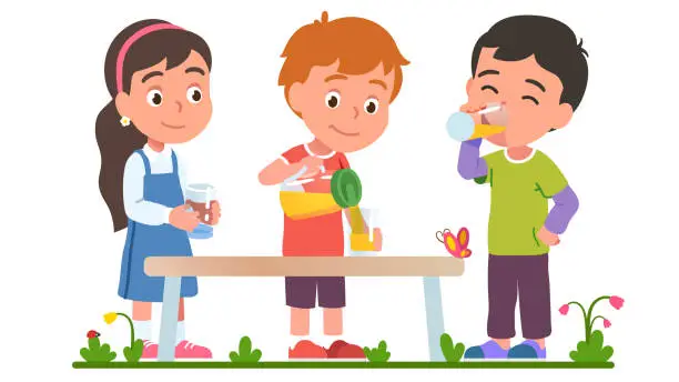 Vector illustration of Boy sharing lemonade or juice with friends. Pouring drink into glasses. Kids enjoying drinking fresh beverage together. Thirsty girl stand over table. Children characters flat vector illustration