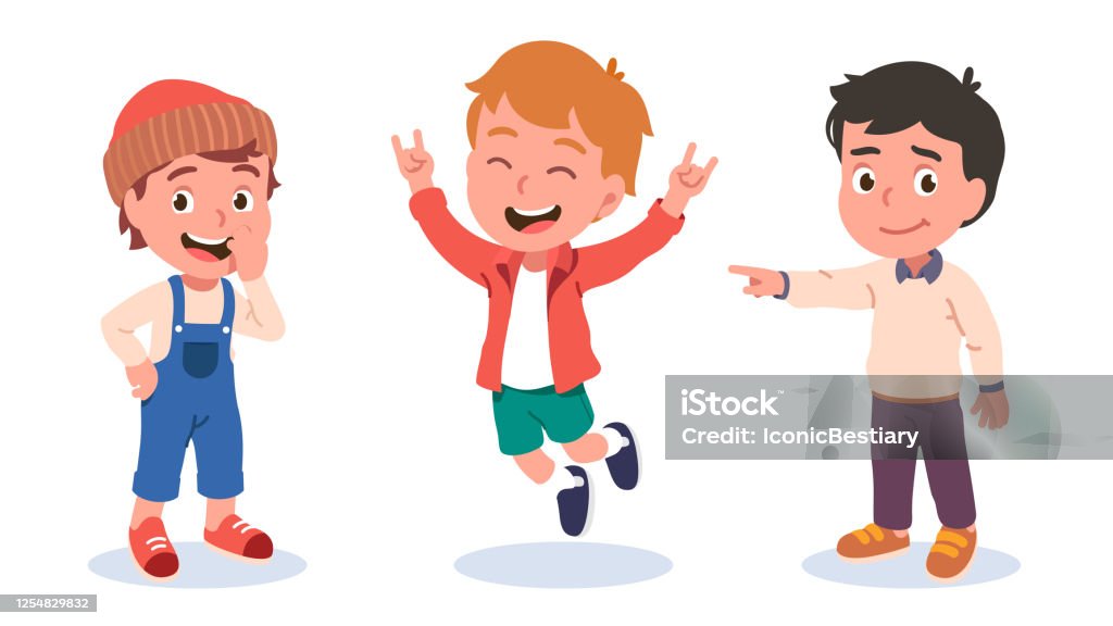Autumn Spring Kids Outdoors Clothes Fashion Styles Boys Laugh Smile Gesture  Show Rock Horn Jump Point Finger Kids Have Fun Gesturing Children Cartoon  Characters Flat Vector Illustration Set Stock Illustration - Download