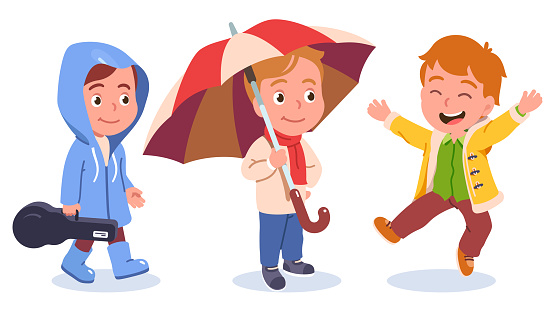 Autumn Spring Kids Casual Clothes Rainy Wet Weather Fashion Styles Boys  Wearing Raincoat Rubber Boots Holding Umbrella Smiling Cute Children Cartoon  Characters Flat Vector Illustration Set Stock Illustration - Download Image  Now -