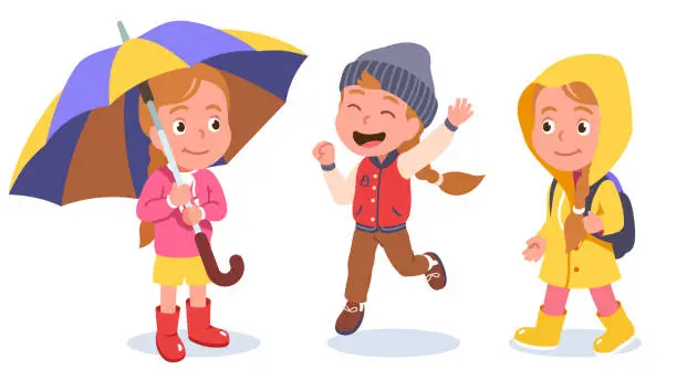 Vector illustration of Autumn & spring kids casual clothes rainy wet weather fashion styles. Girls carrying backpack, wearing raincoat, holding umbrella. Smiling cute children cartoon characters flat vector illustration set