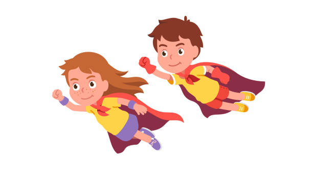 Girl & boy super heroes couple flying together showing clenched fist power & strength gesture. Brave kids superheroes wearing red cape costumes. Cute children cartoon characters. Flat vector illustration Girl & boy super heroes couple flying together showing clenched fist power & strength gesture. Brave kids superheroes wearing red cape costumes. Cute children cartoon characters. Flat style vector isolated illustration superhero clip art stock illustrations
