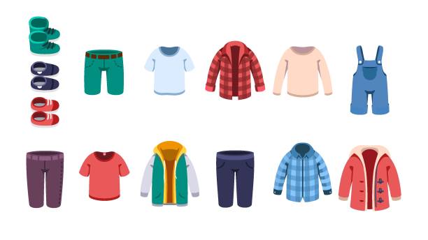 Kids male casual summer, autumn & winter clothes, shoes set. Boy shirts, sweater, shorts, overall, hoodie, jacket, coat & boots. Children garment fashion & clothing flat vector illustration collection Kids male casual summer, autumn & winter clothes, shoes set. Boy shirts, sweater, shorts, overall, hoodie, jacket, coat & boots. Children garment fashion & clothing flat style vector isolated illustration collection winter fashion collection stock illustrations