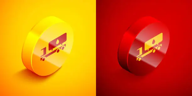 Vector illustration of Isometric Tanker truck icon isolated on orange and red background. Petroleum tanker, petrol truck, cistern, oil trailer. Circle button. Vector
