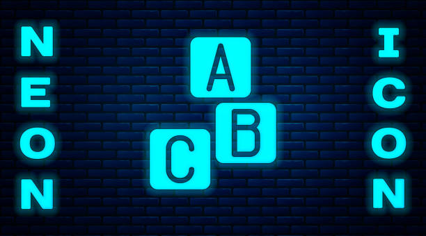 illustrations, cliparts, dessins animés et icônes de l’icône rougeoyant de blocs d’abc de néon s’est isolée sur le fond de mur de brique. cubes d’alphabet avec des lettres a,b,c. vector - alphabet brick construction toy