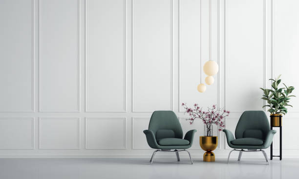 istock Modern luxury interior living room design and white texture wall background 1254832003