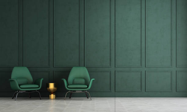 istock Modern luxury interior living room design and green texture wall background 1254832023
