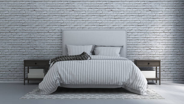 istock Modern loft bedroom design and white brick wall background 1254832059
