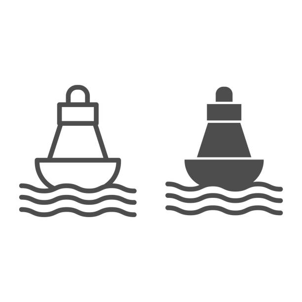 illustrations, cliparts, dessins animés et icônes de ligne de bouée et icône solide, concept nautique, bouée de mer flottant sur les vagues signe sur fond blanc, icône de bouée de direction nautique dans le style de contour pour le concept mobile et la conception web. graphiques vectoriels. - sea sign direction beacon