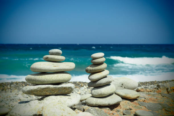Stacked rock pile on a beach in Greece.