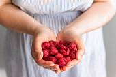 Female hands holding fresh red raspberries on grey background. Freshly harvest. Healthy eating, dieting fruits, close up