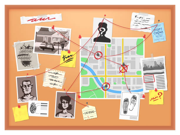 Detective board. Cops crime investigation plan, board with pinned photos, newspapers and notes, map structural analysis vector illustration Detective board. Cops crime investigation plan, board with pinned photos, newspapers and notes, map structural analysis vector illustration. Plan detective investigation board detective illustrations stock illustrations
