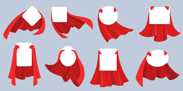 Red hero cape label. White empty badges with super hero, power man cloak. Cartoon vector mockup for kids product advertising Red hero cape label. White empty badges with super hero, power man cloak. Cartoon vector mockup for kids product advertising. Super cloak hero for discount banner, child fashion mantle illustration superhero illustrations stock illustrations