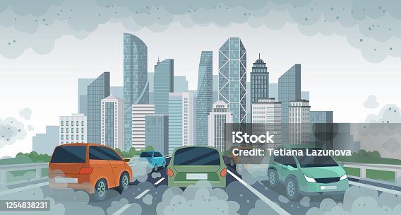 istock Cars air pollution. Polluted air environment at city, vehicle traffic and toxic pollution. Car with carbon dioxide clouds, vector concept 1254838231