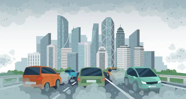 Vector illustration of Cars air pollution. Polluted air environment at city, vehicle traffic and toxic pollution. Car with carbon dioxide clouds, vector concept