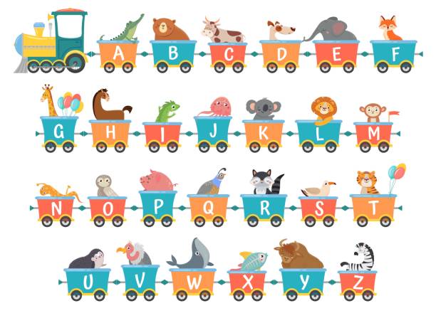 ilustrações de stock, clip art, desenhos animados e ícones de alphabet train with animals. cartoon animal illustration in van - cartoon train