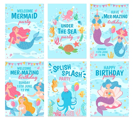 Mermaid cards. Mythical cute princesses and sea creatures underwater world postcard for birthday, invitations, greeting cards vector set. Postcard birthday invitation, greeting card illustration