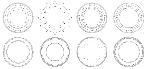 Round measuring circles. 360 degrees scale circle with lines, circular dial and scales meter vector set. Illustration circle degree, meter circular 360, measurement time or angle