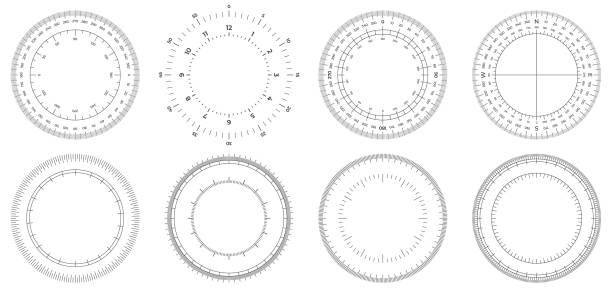 Round measuring circles. 360 degrees scale circle with lines, circular dial and scales meter vector set Round measuring circles. 360 degrees scale circle with lines, circular dial and scales meter vector set. Illustration circle degree, meter circular 360, measurement time or angle instrument of measurement stock illustrations