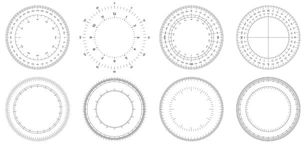 Round measuring circles. 360 degrees scale circle with lines, circular dial and scales meter vector set Round measuring circles. 360 degrees scale circle with lines, circular dial and scales meter vector set. Illustration circle degree, meter circular 360, measurement time or angle angle measuring tool stock illustrations