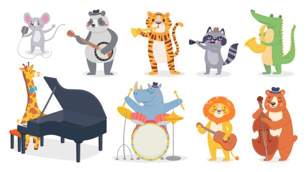 illustrazioni stock, clip art, cartoni animati e icone di tendenza di animali dei cartoni animati con strumenti musicali. giraffa suona il pianoforte, simpatico panda con banjo e alligatore suona il sassofono - animal act