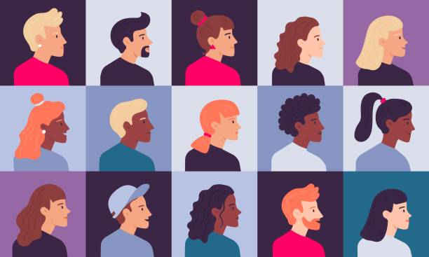 Profile portraits. Avatars female and male, woman and man, Profile portraits. Avatars female and male, woman and man, head face illustration vector, businesswoman cartoon hairstyle side view illustrations stock illustrations