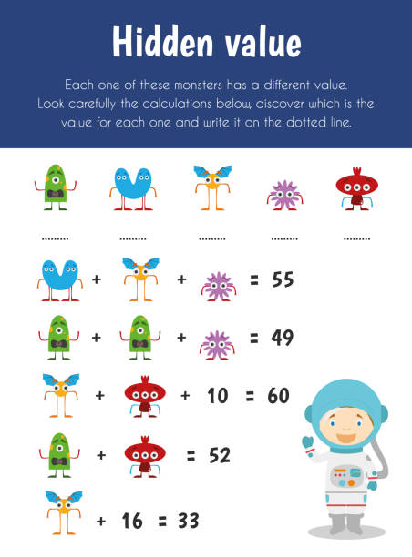 ukryta wartość arkusz edukacyjny. podstawowy moduł zdolności numerycznej. 5-6 lat. seria arkuszy edukacyjnych - substract stock illustrations
