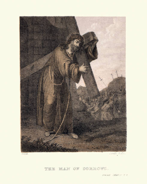 Vintage illustration of Jesus carrying the cross, The man of sorrows, 19th Century colour print