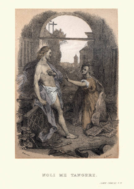 Noli me tangere, Jesus and Mary Magdalene after his resurrection Vintage illustration of Noli me tangere ('touch me not') is the Latin version of a phrase spoken, according to John 20:17, by Jesus to Mary Magdalene when she recognized him after his resurrection. noli me tangere stock illustrations