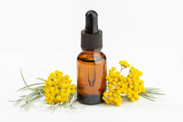 Helichrysum essential oil on amber bottle isolated on white background. Herbal oil
