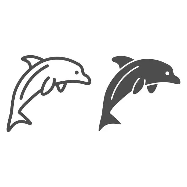 Vector illustration of Dolphin line and solid icon, ocean concept, Dolphin sea animal sign on white background, one jumping dolphin icon in outline style for mobile concept and web design. Vector graphics.