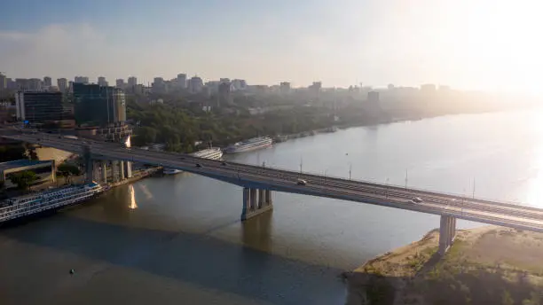 Photo of Panoramic view of the central part of Rostov-on-Don. , aerial view, the river Don, view of the bridge, early morning